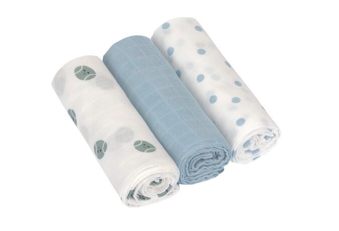 LÄSSIG muslin cloths, burp cloths or muslin diapers, 3-piece set - Heavenly Soft Swaddle L, 80 x 80 cm, super soft, Tiny Team, Light blue
