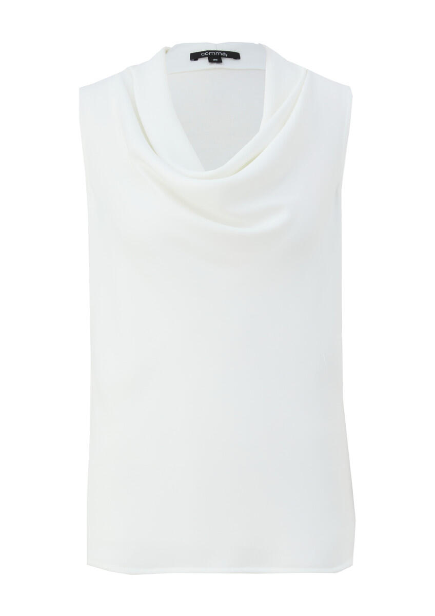 Sleeveless top with a waterfall neckline.