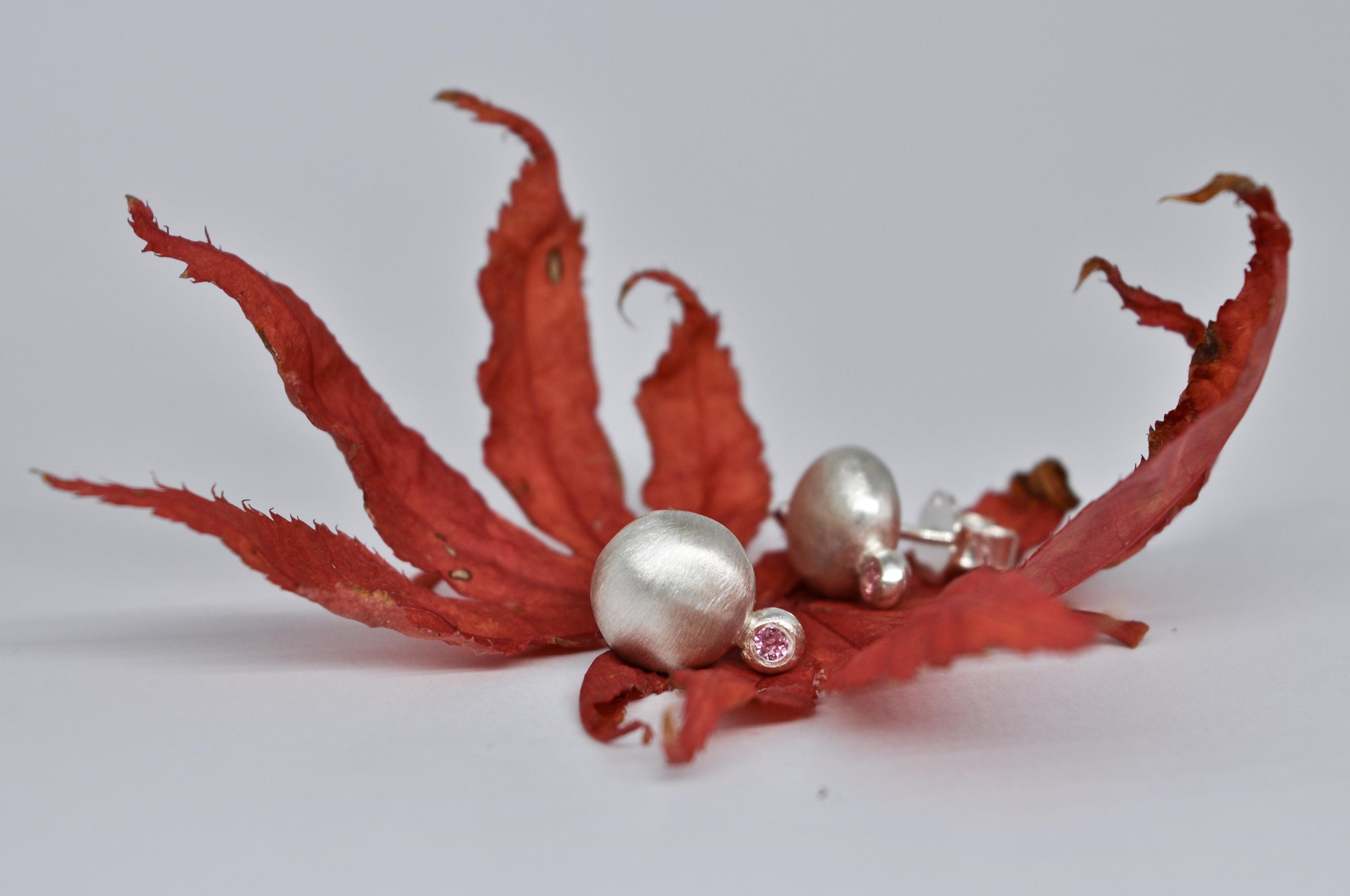 'Pebble' stud earrings, silver, pink tourmaline