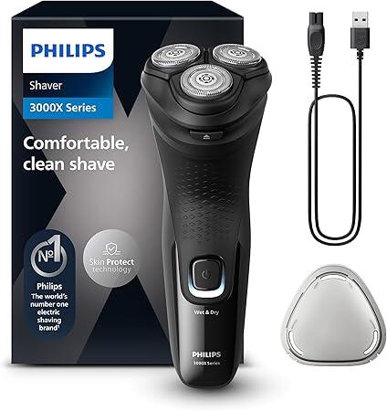Philips Shaver Series 3000X – Elektrischer Nass- und Trockenrasierer für Männer in Schwarz, mit SkinProtect-Technologie, ausklappbarem Bartschneider 