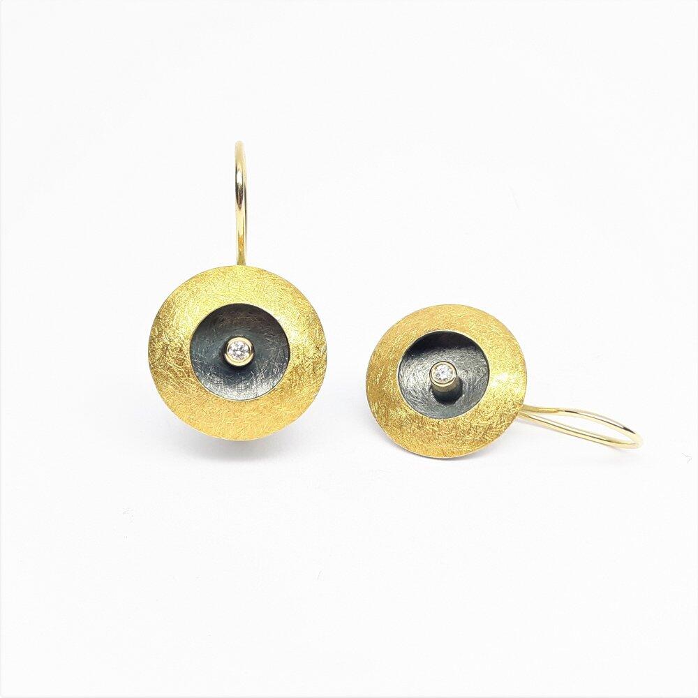 Earrings made of fine gold, 18kt yellow gold, 925 silver and diamonds. One of a kind.