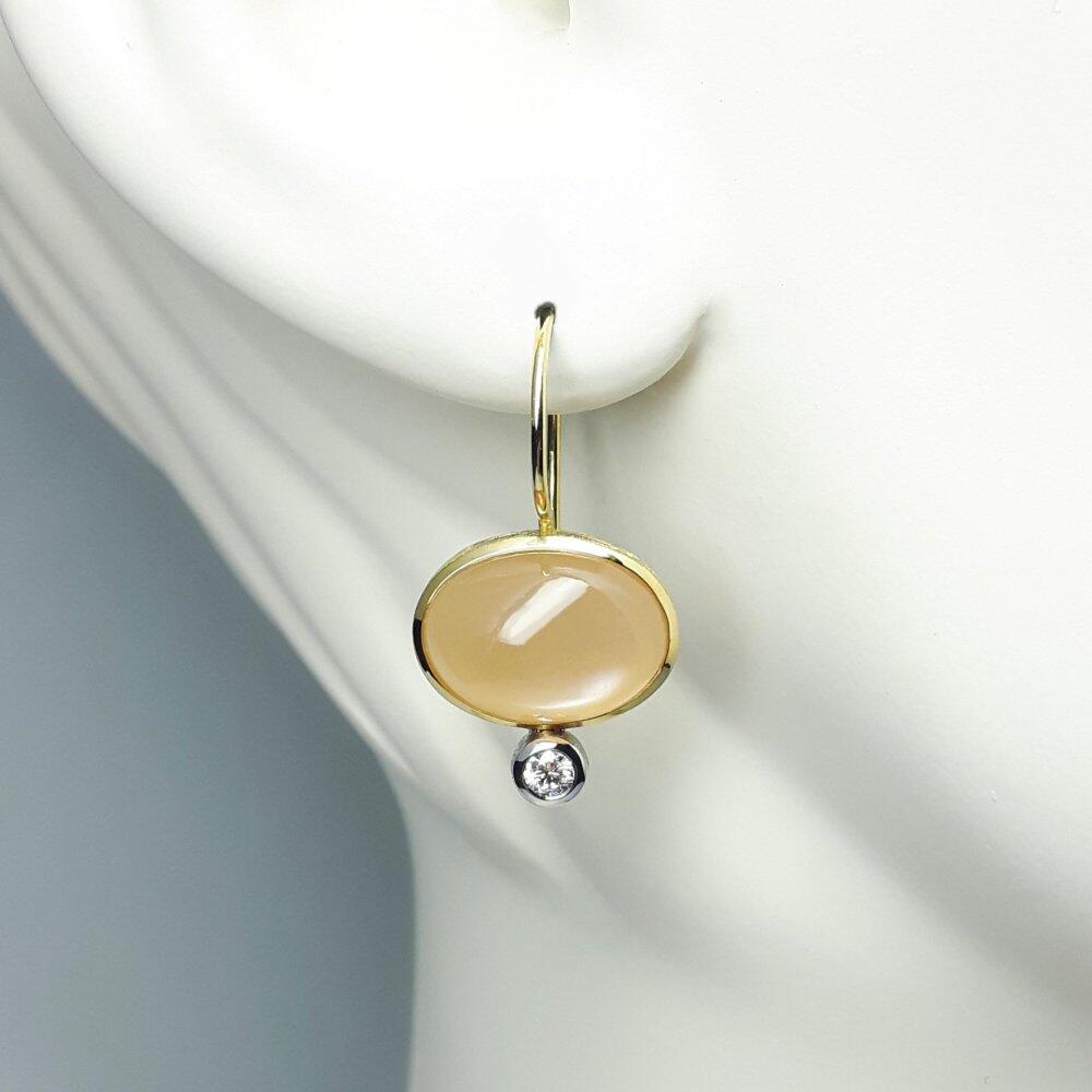 18k yellow- and white-gold drop earrings, moonstone and diamonds. One-of-a-kind piece.