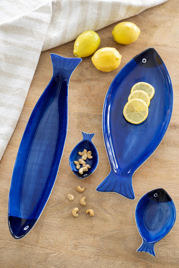 J-Line Servierteller Langer Fisch Porzellan Blau 60114 - 47.5 x 10.5 x 6.5 cm