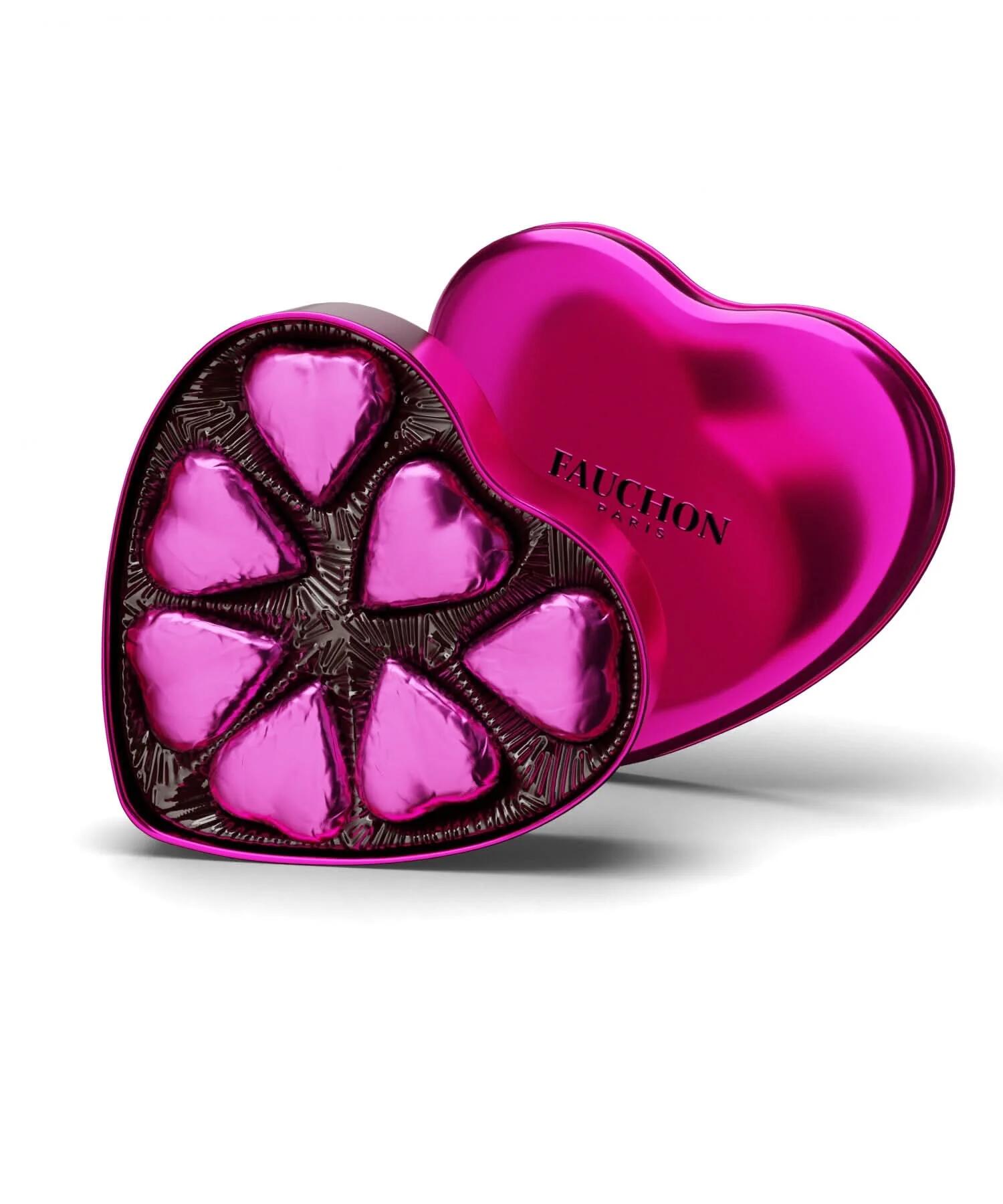 Milk chocolate in a magenta heart-shaped box