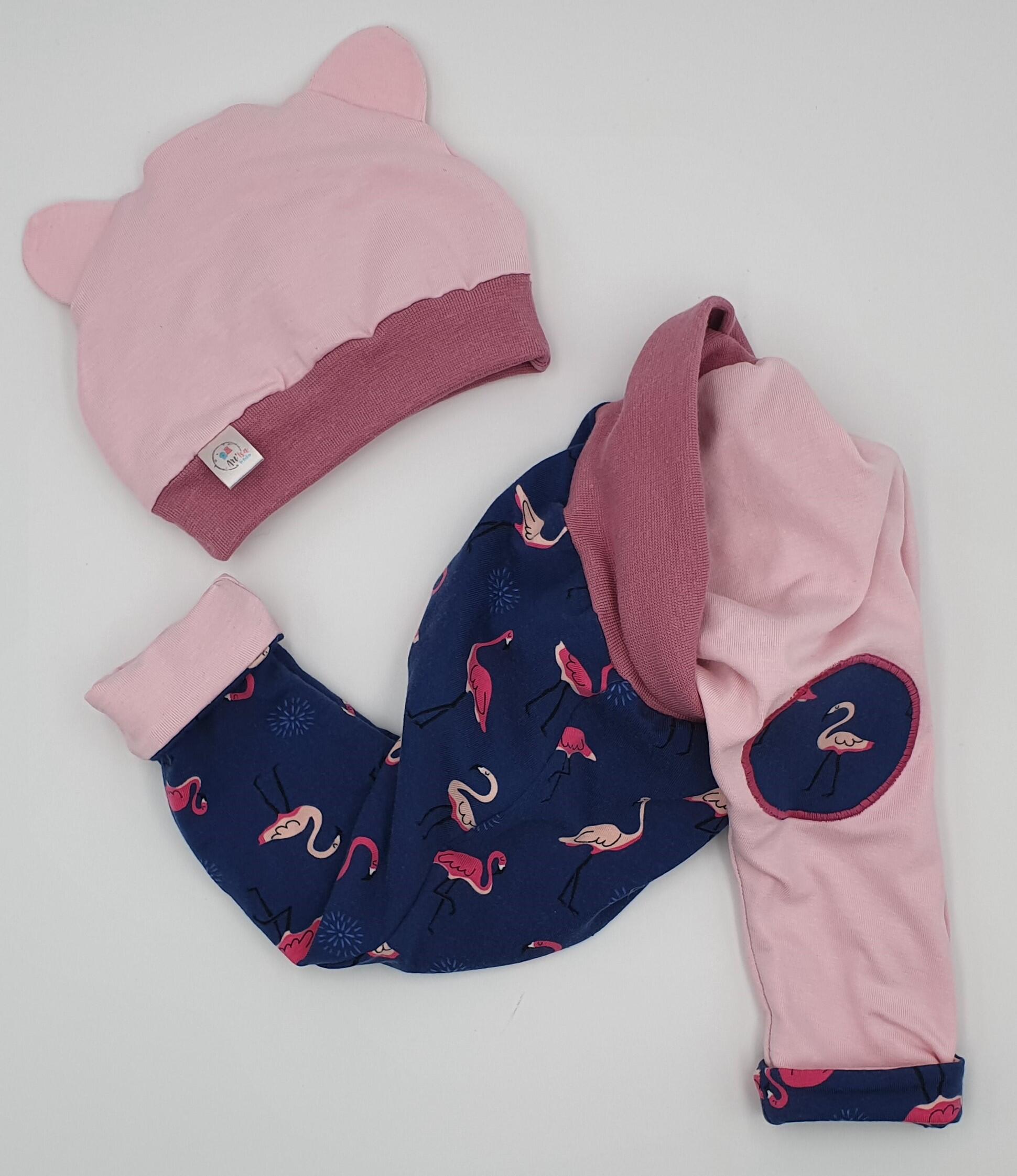 Girl's 4-piece set (Sarouel + t-shirt + cardigan + hat) "Pink Flamingos" (reversible &amp; evolving!)