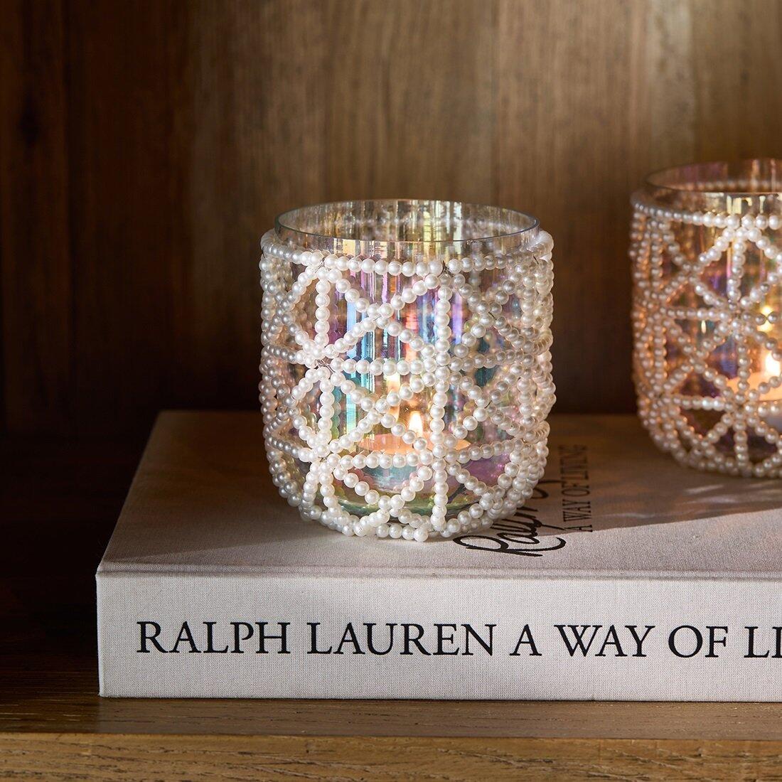 Riviera Maison Sparkling Pearls Votive 1020 Tea Light with Pearls, White Glass