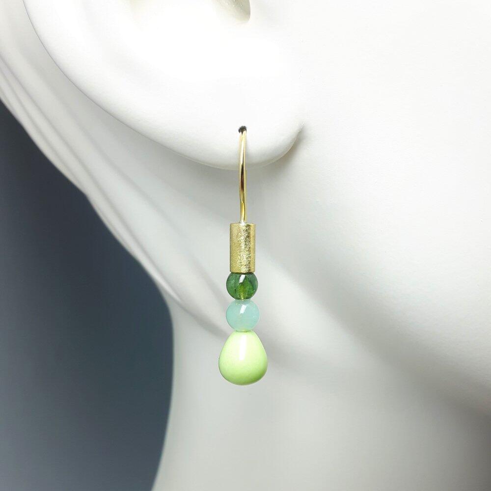 18k yellow gold earrings with lemon chrysoprase pendants and opal and tourmaline spheres. One of a kind.