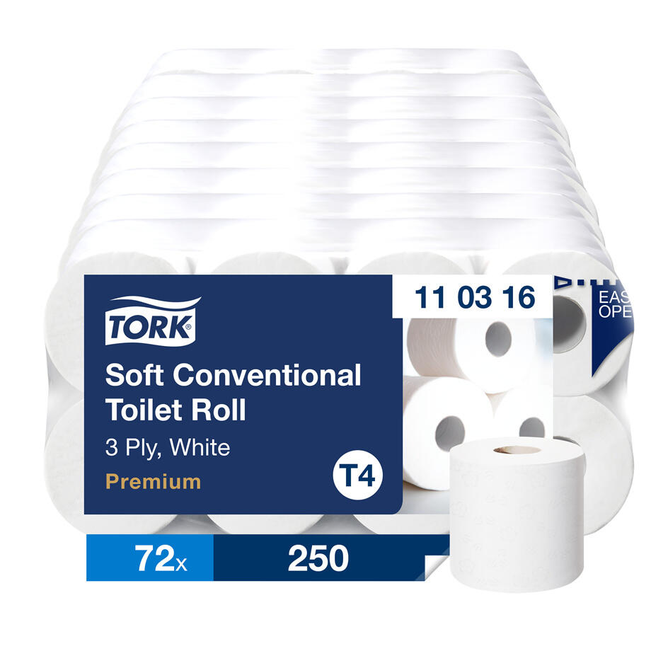 PAPIER TOILETTE TORK EXTRA SOFT CONVENTIONAL  CARTON A 72 RLX, 250 COUPONS, 3 PLIS, BLANC