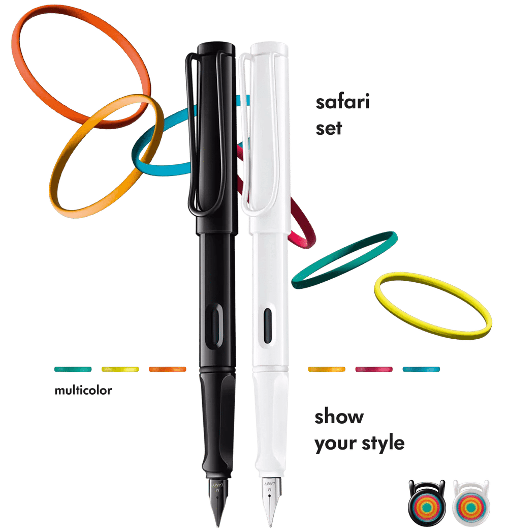 Lamy safari multicolor Füller-Set – Special Edition with 2 fountain pens in all-black and all-white – steel nib in medium width – with 2 blue ink cartridges, 12 interchangeable color rings and a gift box