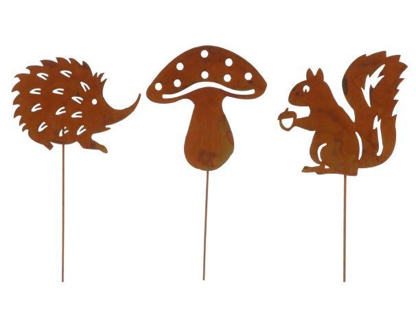 Flamingo Garden Stake — Woodland Animals & Mushroom, rust brown, 40 cm, Set of 3