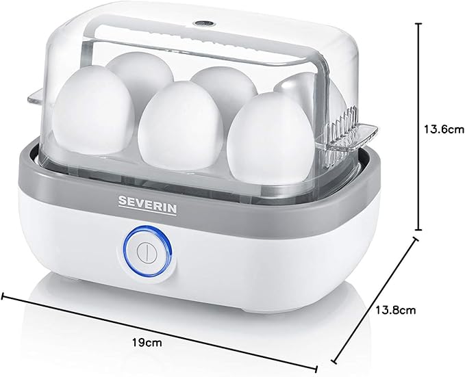 SEVERIN cuiseur à œufs pour 6 œufs, avec gobelet doseur et pique-œufs, équipé d'un signal sonore à la fin du temps de cuisson, blanc/gris, environ 420 W, EK 316