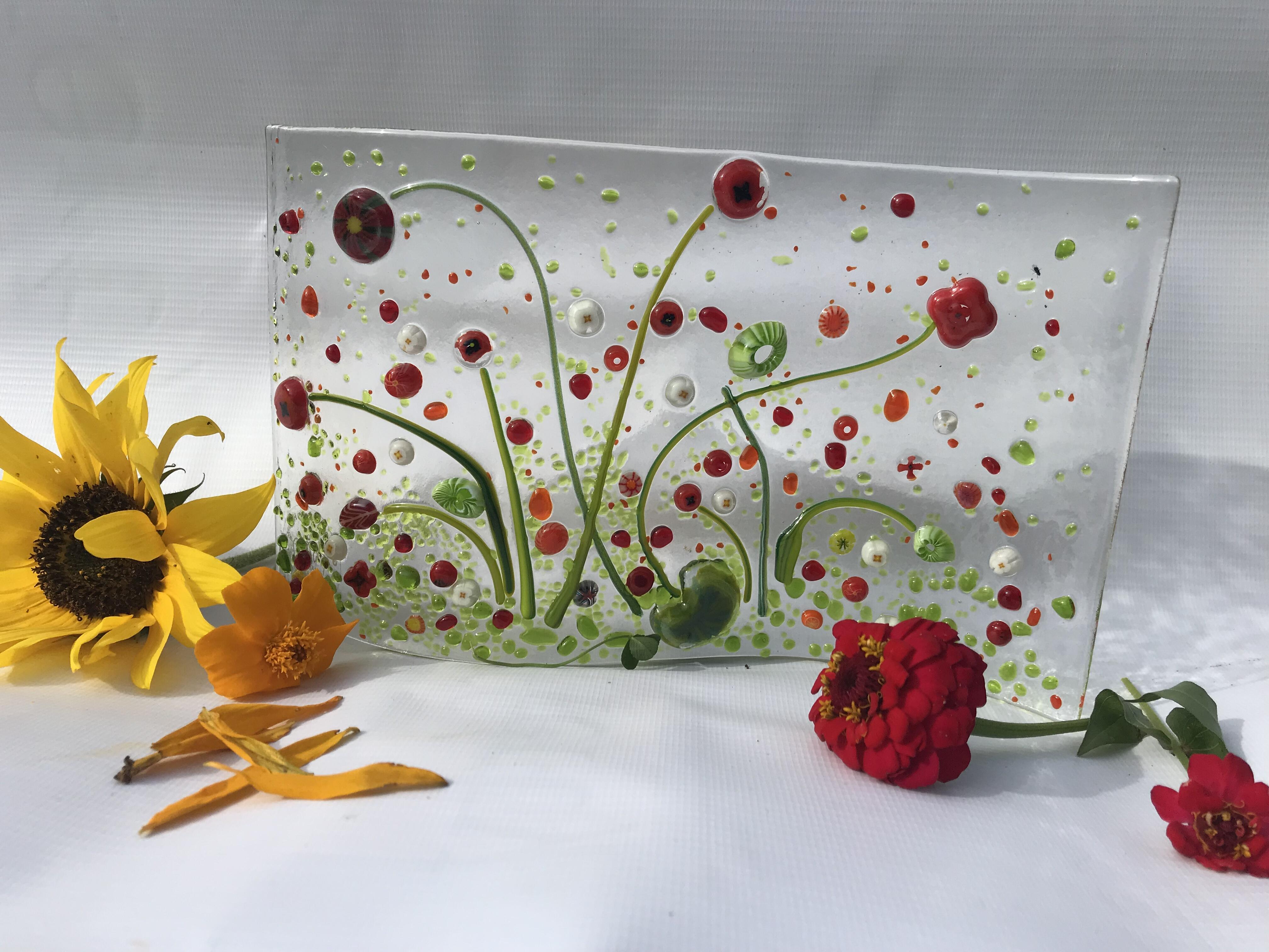 Blumenwiese aus Glas, handgemacht, mit vielen schoenen Millefiori, Einzelstueck