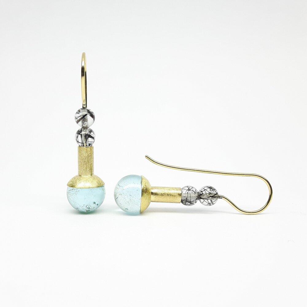 18-karat yellow gold drop earrings featuring topaz and tourmaline quartz spheres. One-of-a-kind.