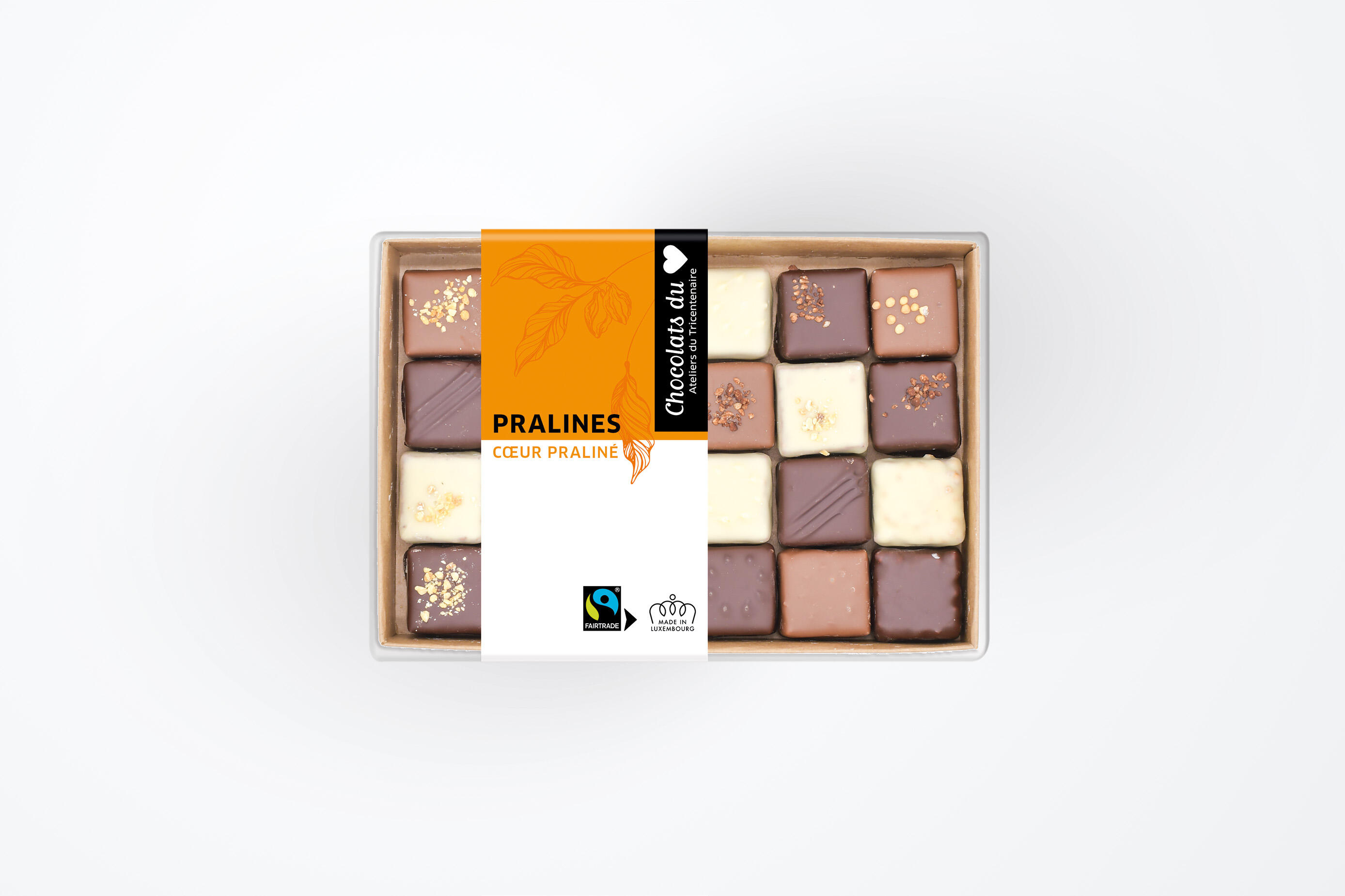 Kraft case 24 pralines, PRALINÉES Fairtrade 230gr.