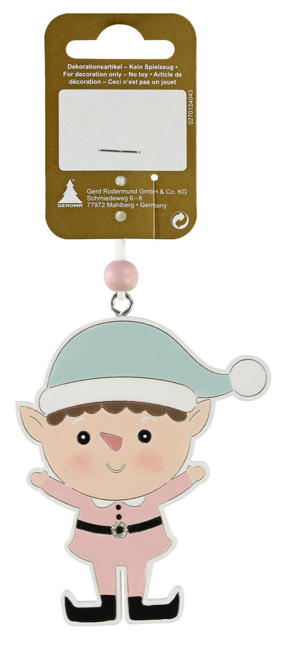 Wooden elf hanging ornament, 9 x 7 cm, pink and green