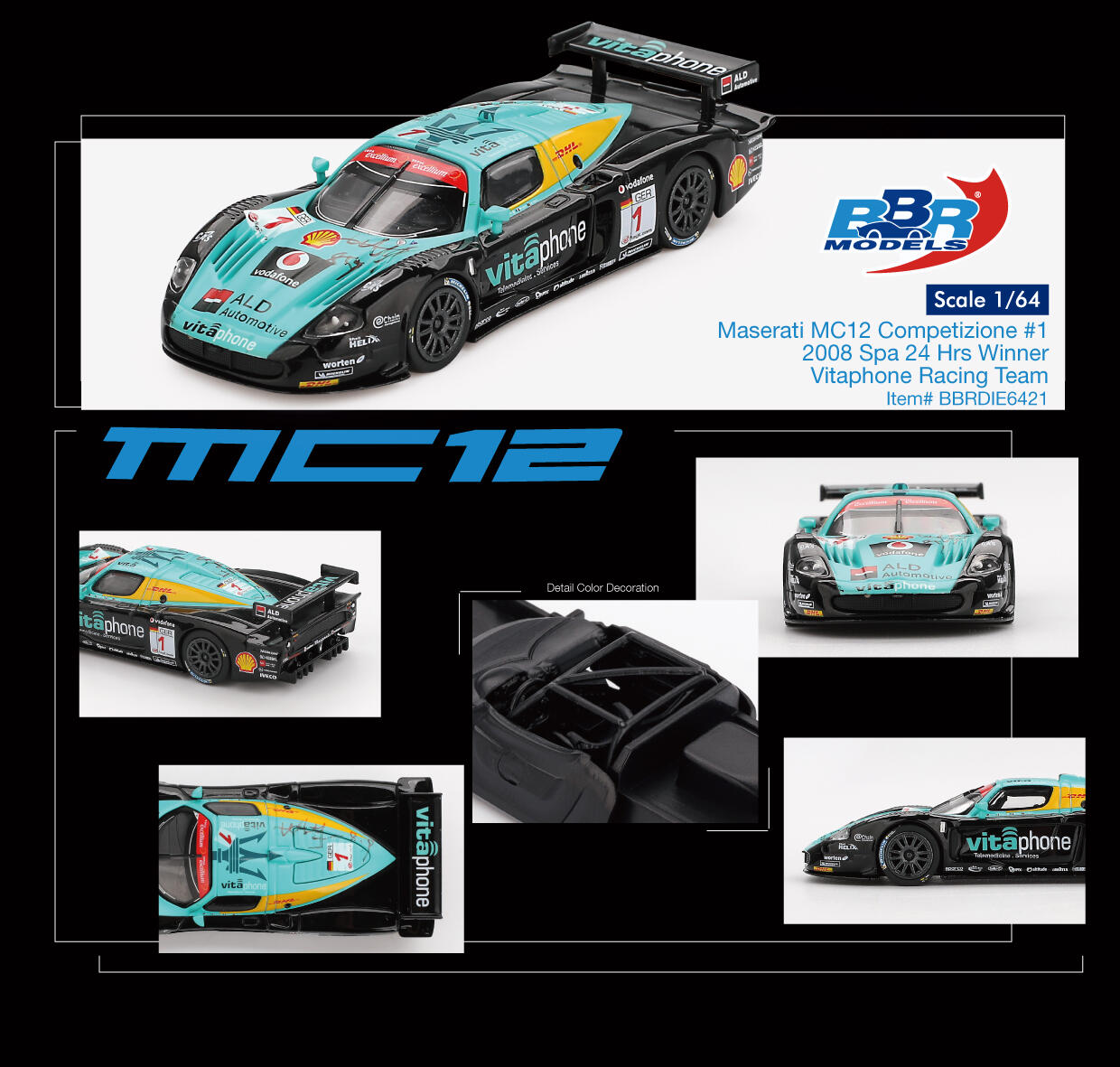 BBR Models - #BBRDIE6421 - Maserati MC12 #1 Vitaphone Racing Team - Vainqueur des 24 Heures de Spa 2008 - échelle 1:64