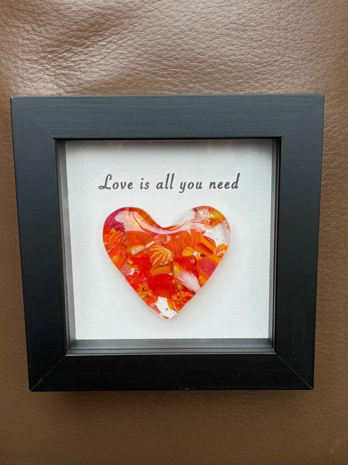 Millefiori glass heart, one-of-a-kind, handcrafted in a black wooden frame
