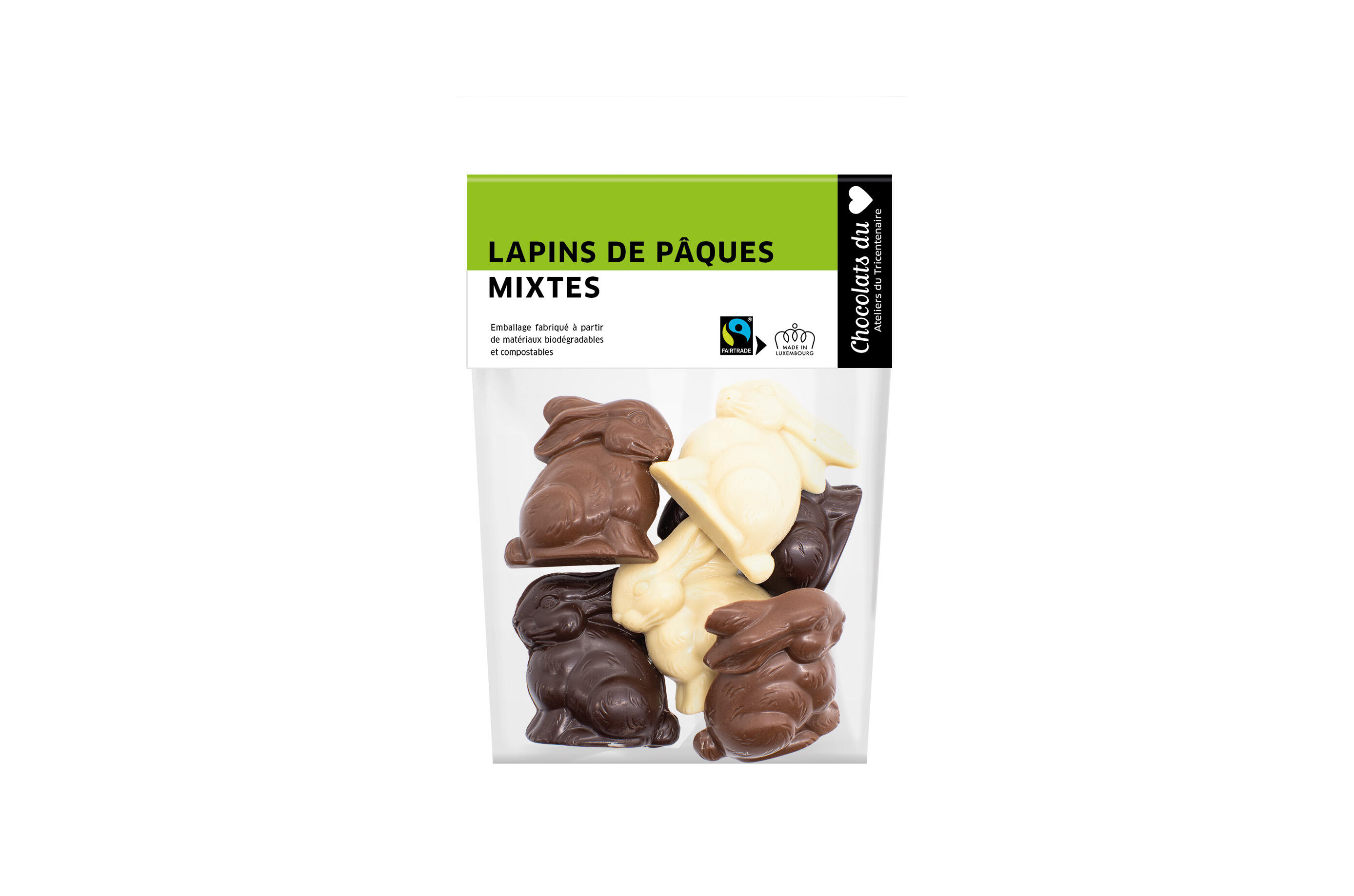 Pâques- 6 Lapins de Pâques, chocolat Fairtrade 80gr.