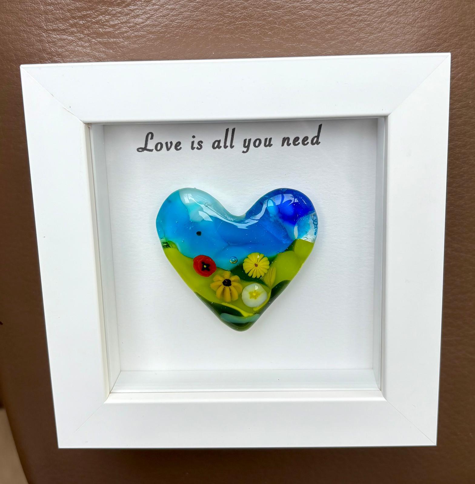 Millefiori glass heart, one-of-a-kind, handcrafted in a white wooden frame