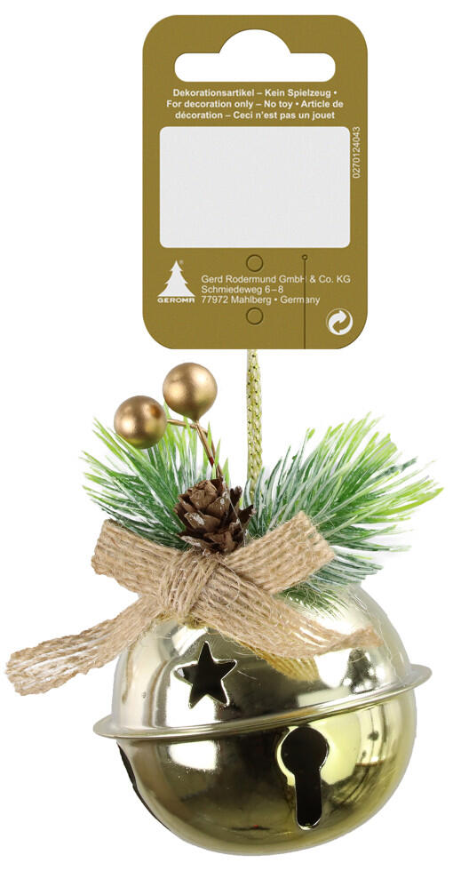9 cm gold metal Christmas bell ornament with decorative accents, 1 piece