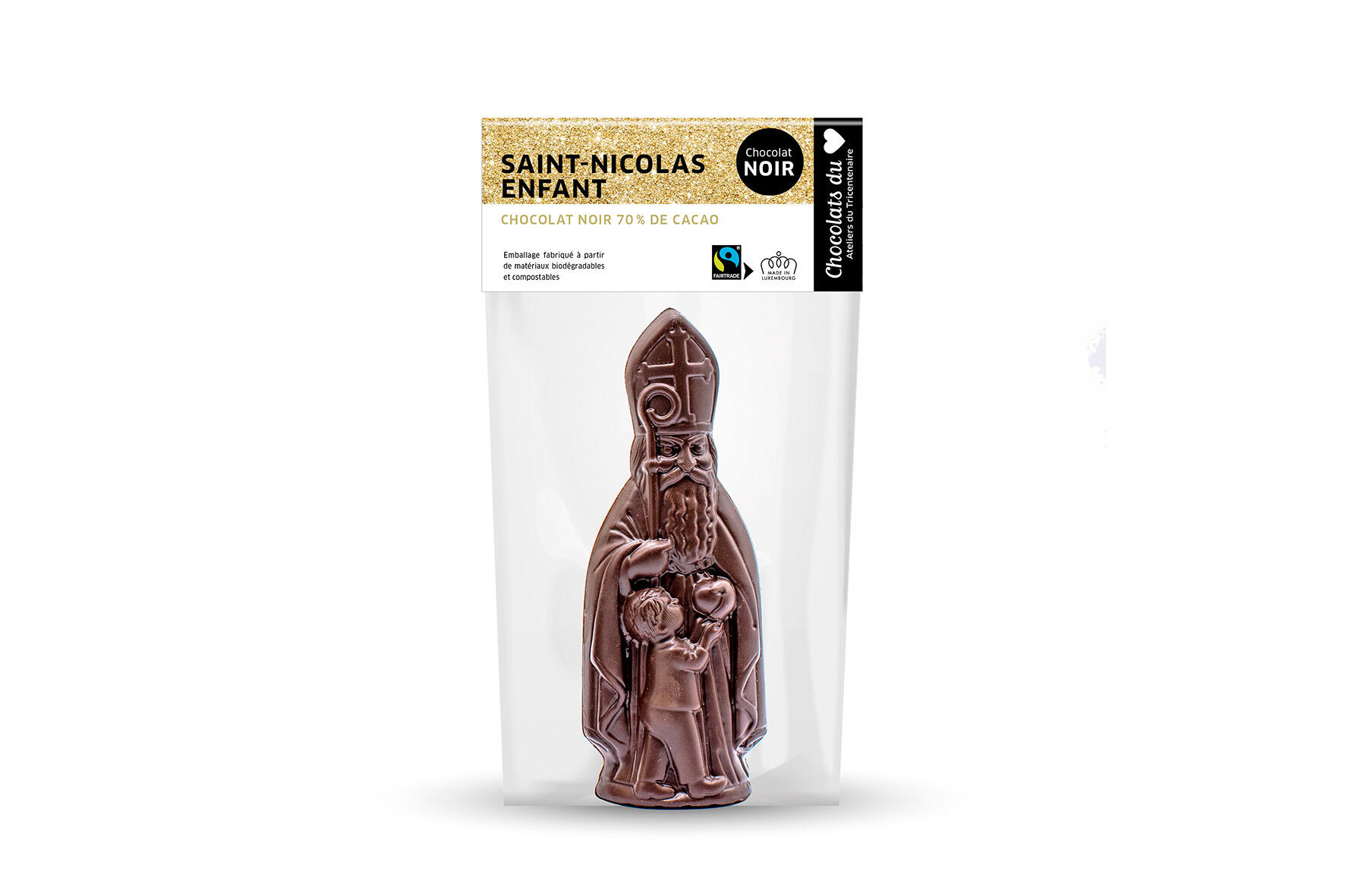 Saint Nicholas for kids, white, milk, or dark chocolate, Fairtrade, 40 g.