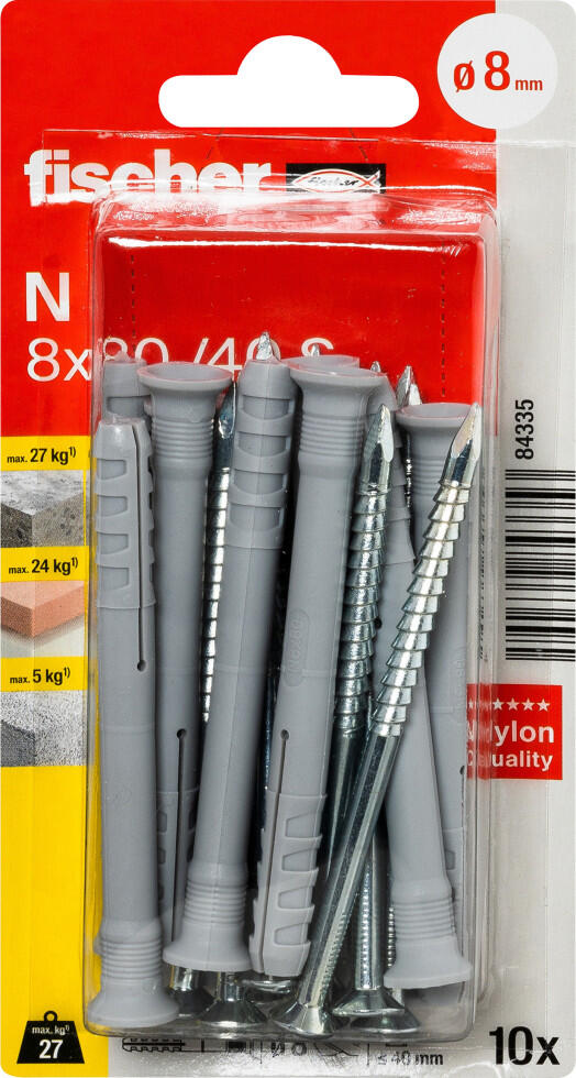 Fischer cheville à clou N 8 x 80 mm avec vis - 10 pièces