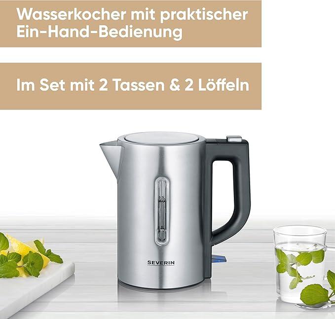 SEVERIN Reise-Wasserkocher-Set, Mini-bouilloire de voyage pour 0,5 L, bouilloire électrique avec 2 tasses en plastique et 2 cuillères, acier inoxydable brossé/noir, WK 3647