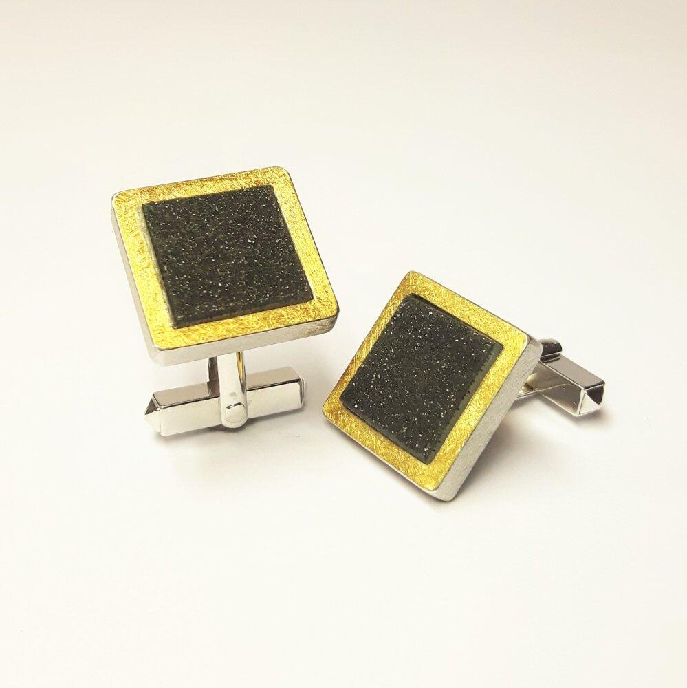Cufflinks, sterling silver, fine gold, and agate crystal.