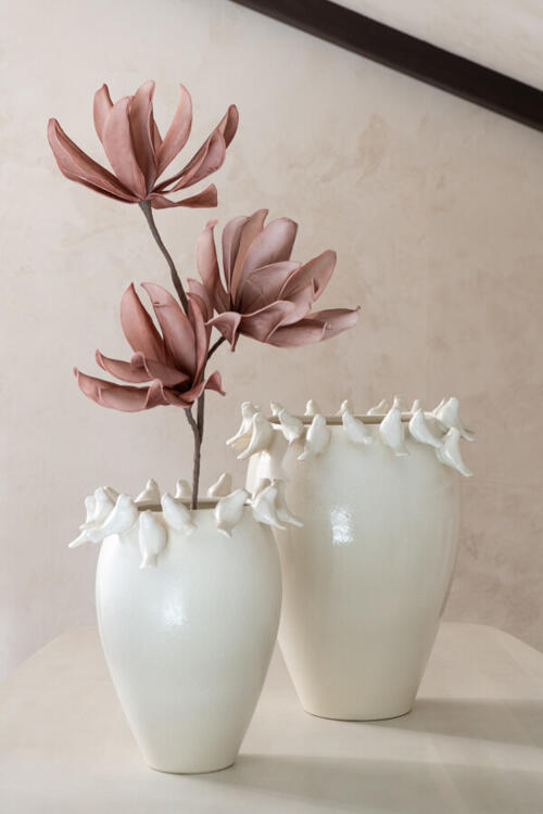J-Line Vase Budgie Ton Weiß mit Vögeln am Rand - 40 oder 50 cm hoch - 58198 58198