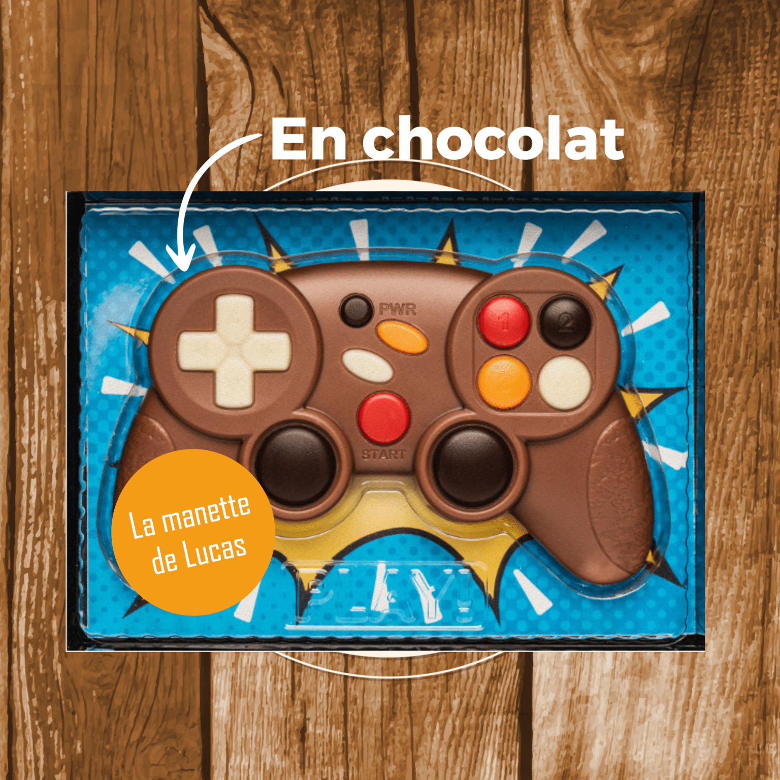 Chocolate game controller with a personalized label