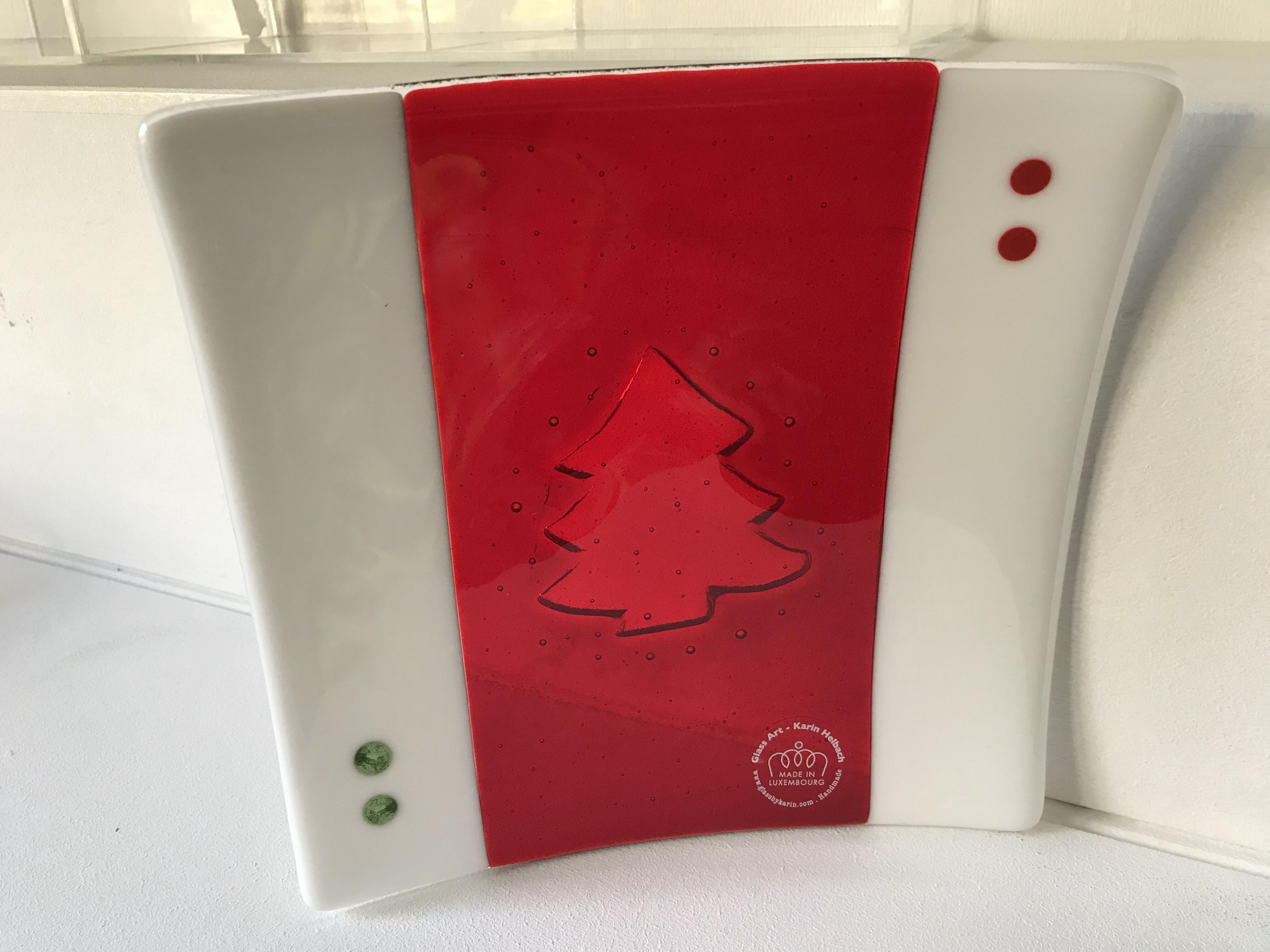 Square glass bowl, handmade, with fir tree motif, red or green, unique specimen