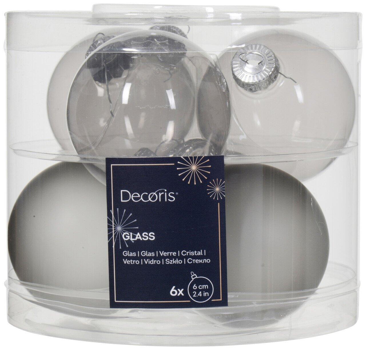 Decoris glass Christmas ornaments, 6 cm diameter, marble gray, set of 6