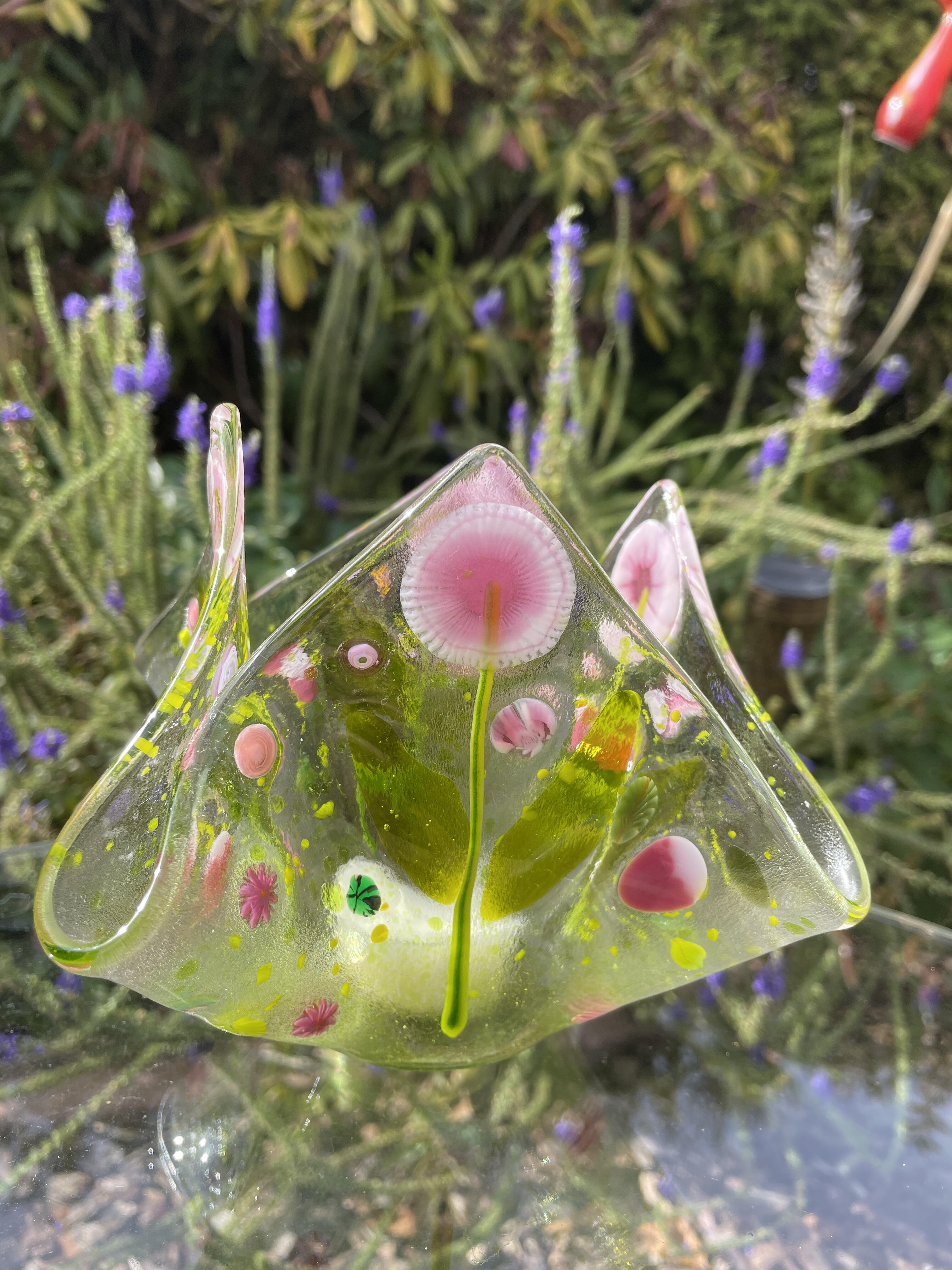 Tealight candle with millefiori patterns, pink floral motif, one-of-a-kind.