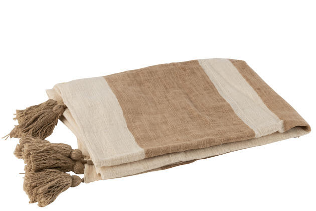 Blanket plaid beach grooved cream and taupe cotton 135 x 185 cm with tassels 23137