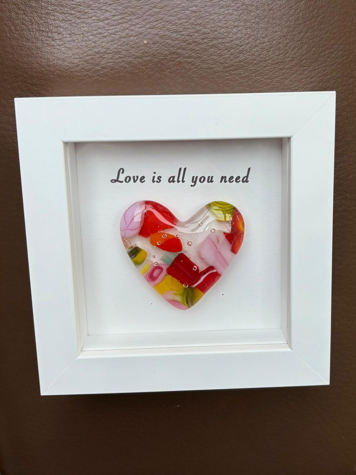 Millefiori glass heart, handmade, one-of-a-kind in a white wooden frame