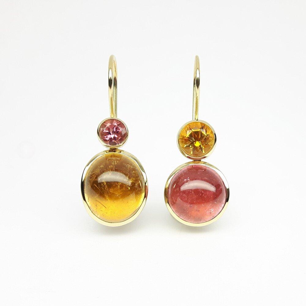 "Sunrise" earrings made of 18kt yellow gold, tourmaline, and citrine. One-of-a-kind.