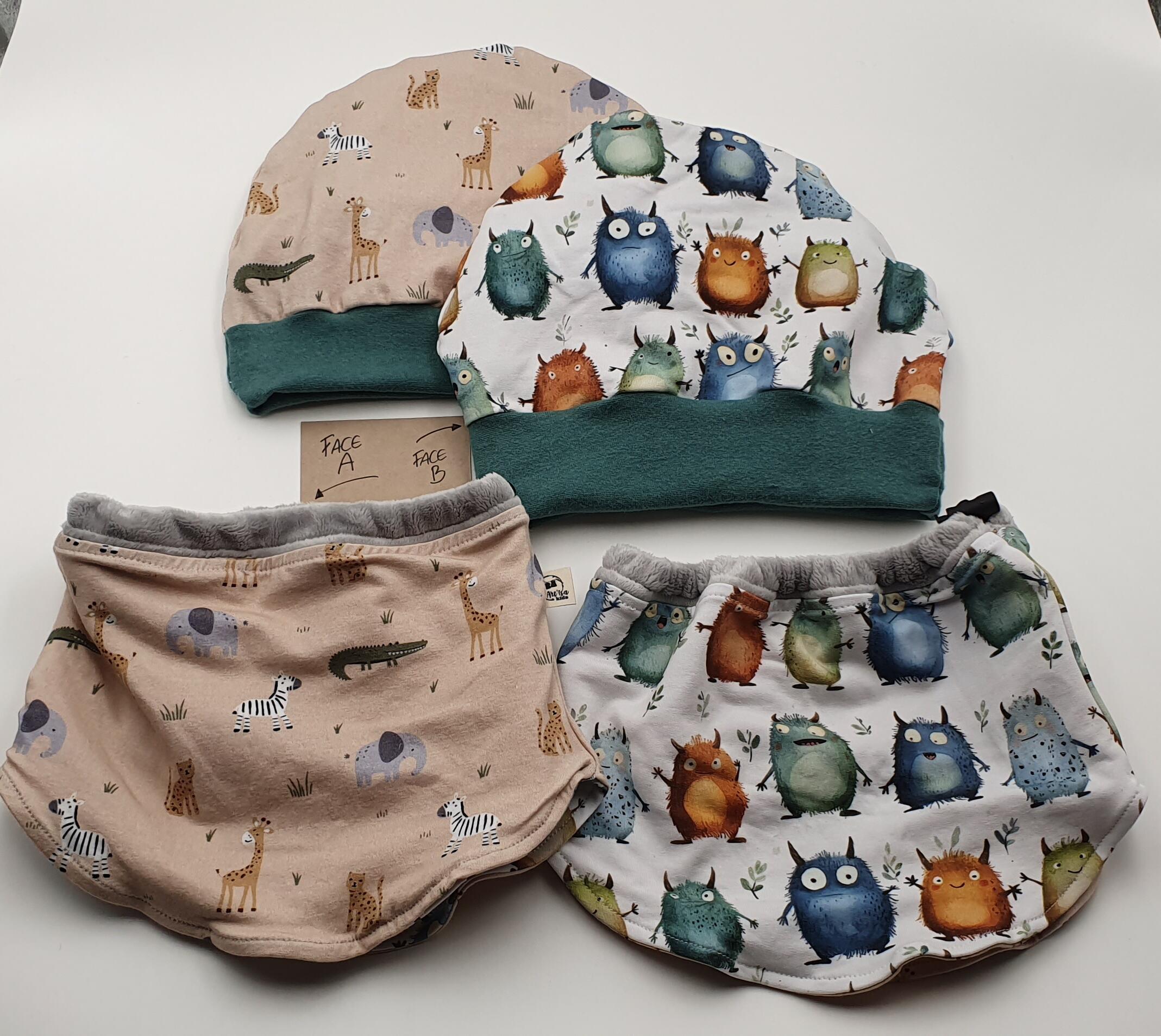 Ensemble hiver bonnet + col "Monstres & Savane"