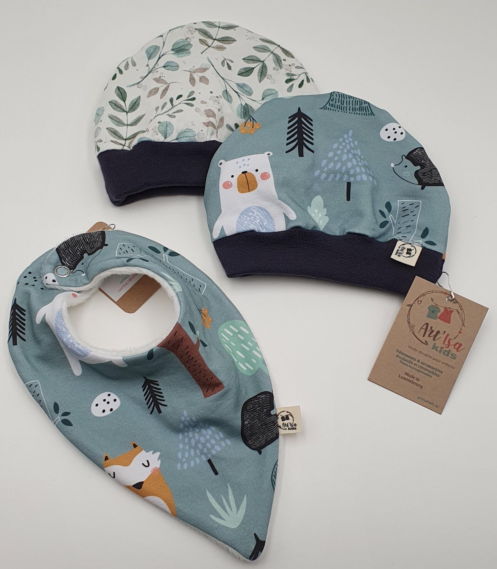 Ensemble bonnet + bandana "Forêt" 