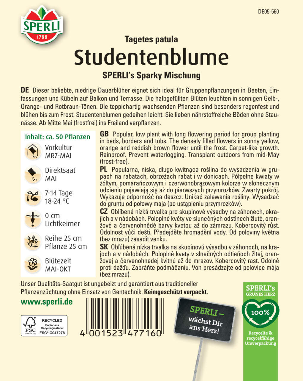 Sperli Studentenblumen 'Sonnenschein' Samen – Prachtmischung, Einjährig, Ca. 70 Cm Hoch, Goldgelb & Orange
