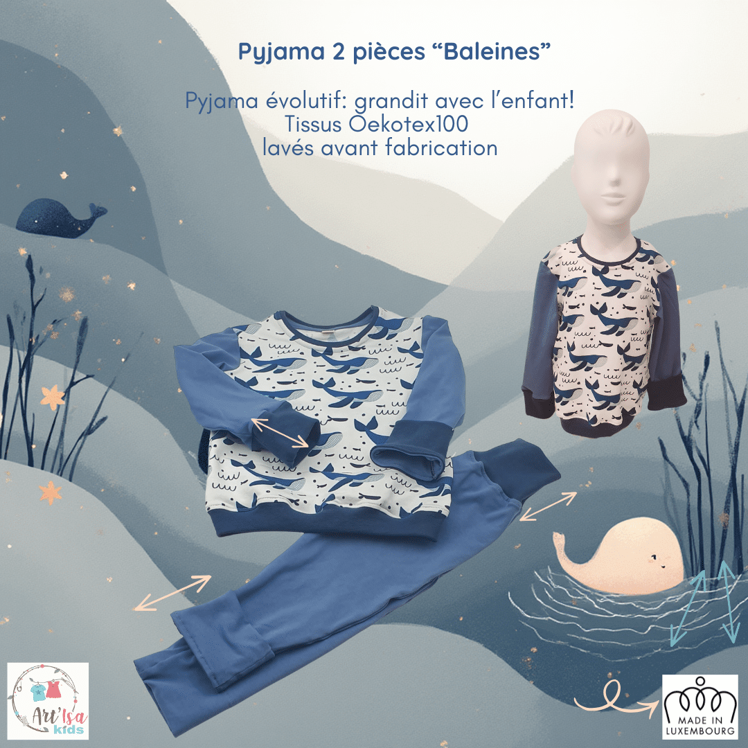 2-piece grow-with-me pajama set "Baleines" Made in Luxembourg