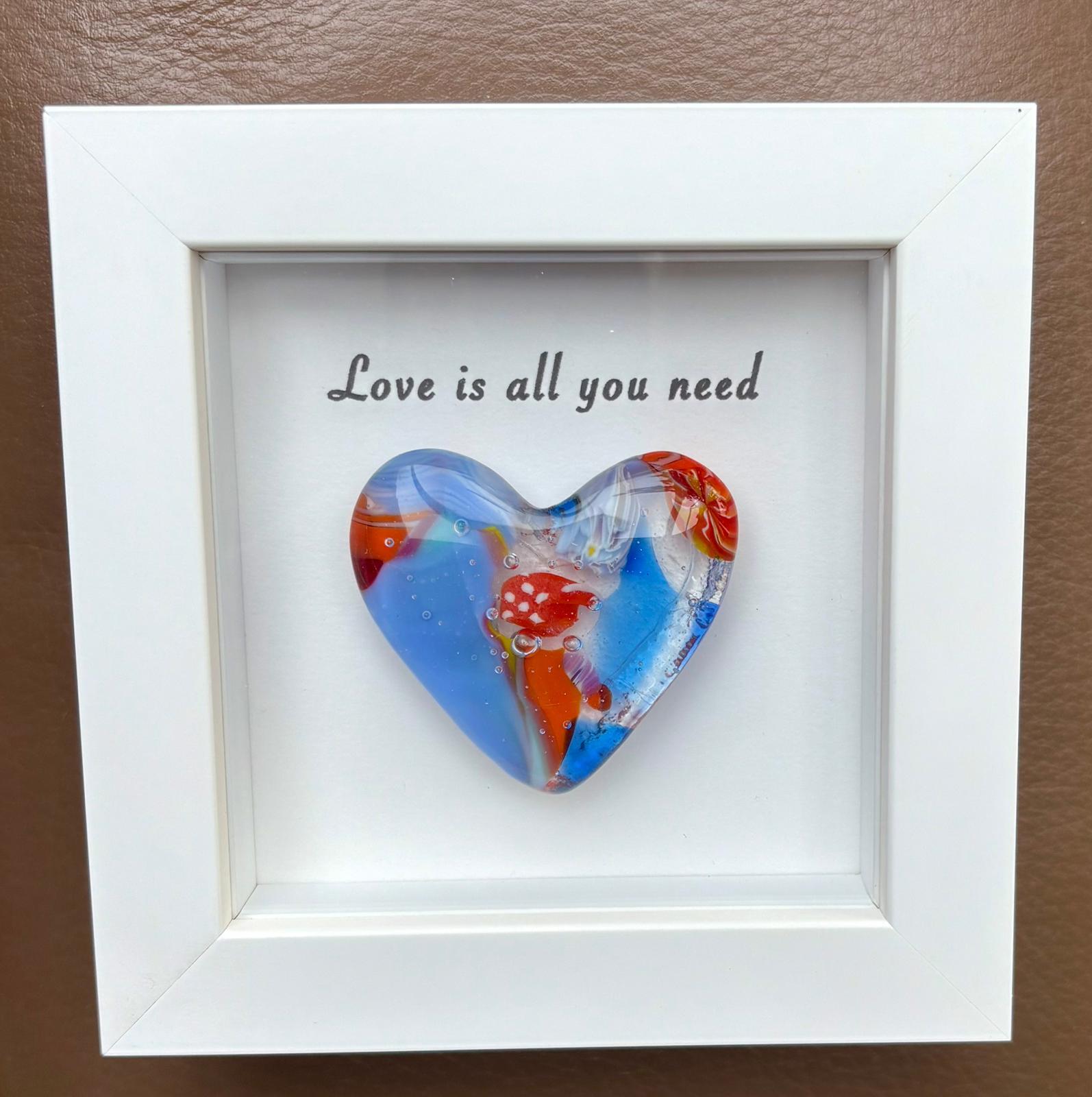 Millefiori glass heart, handmade, a unique piece, in a white wooden frame
