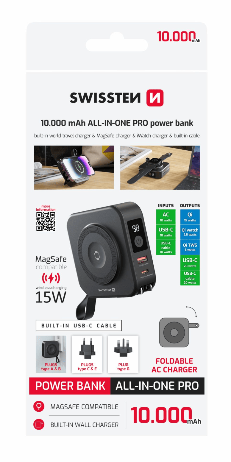 SWISSTEN POWER BANK ALL-IN-ONE PRO WITH INTERCHANGEABLE PLUG (USA, EU, UK) 10000 mAh 20W BLACK