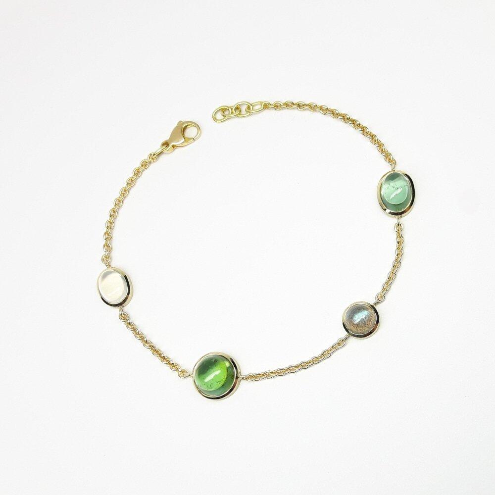 Armkettchen aus 18kt Gelbgold, Tourmalin, Labradorit und Mondstein. Unikat.