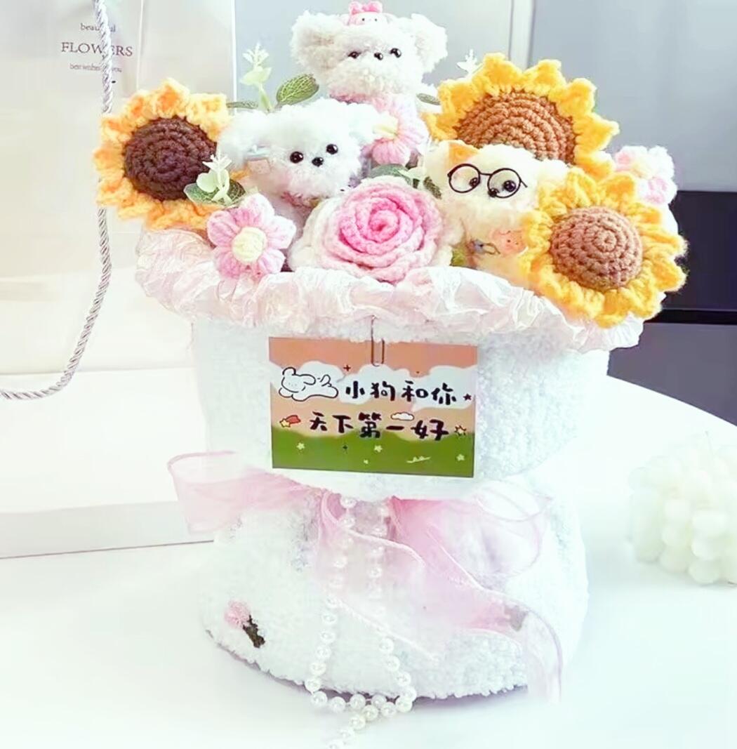 Sweet Pastel Pink Crochet Flower Bouquets with Cute Fluffy Dogs