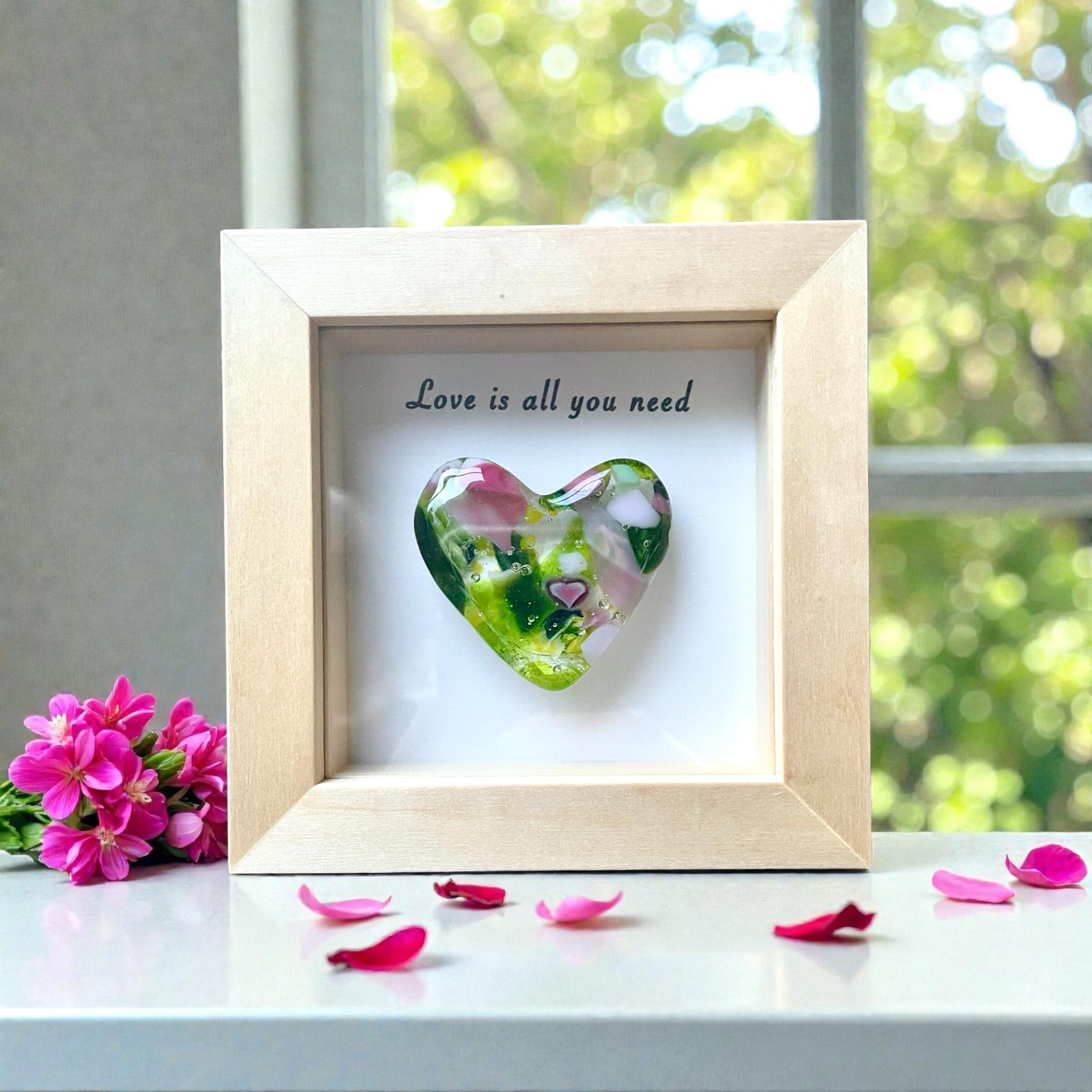 Millefiori Herz aus Glas in Natur Holzrahmen, Unikat, handgemacht 