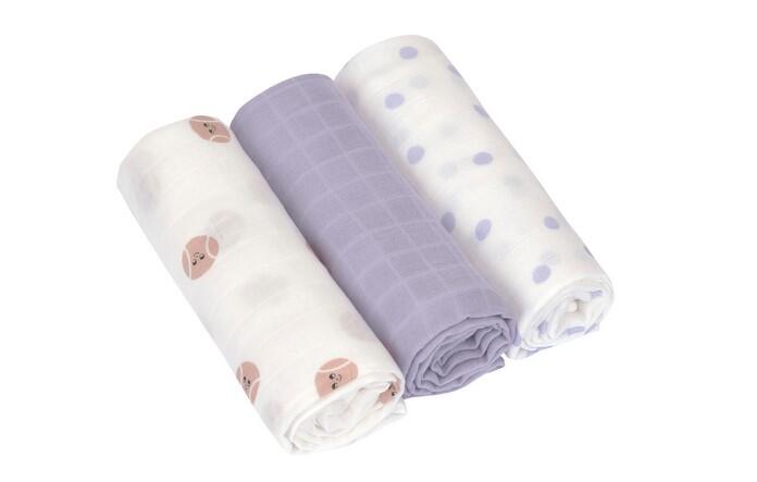 LÄSSIG muslin cloths, burp cloth or muslin swaddle, 3 pcs – Heavenly Soft Swaddle L, 80 x 80 cm, super soft, Tiny Team, Pastel Purple