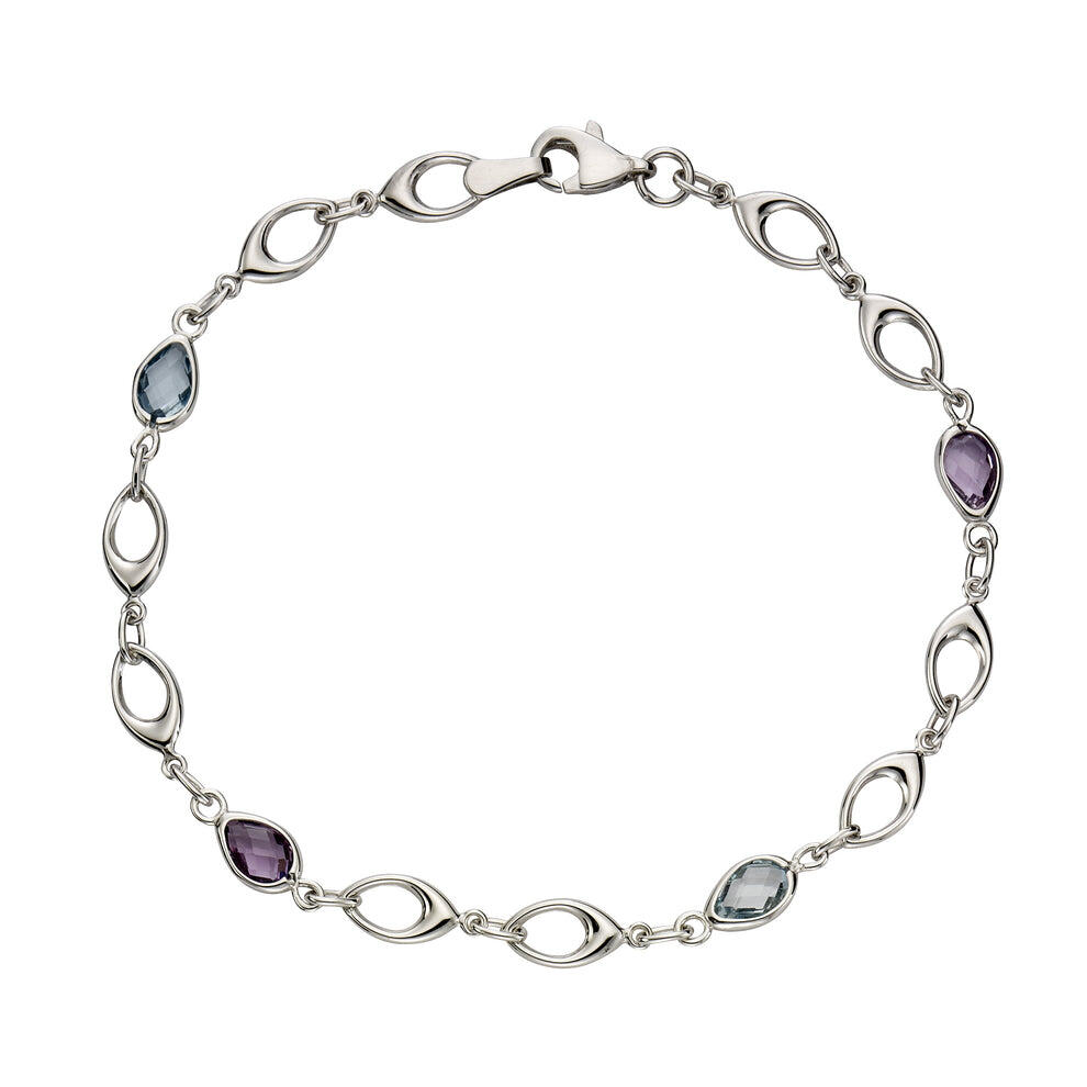 Bracelet chaîne à maillons en or blanc 9 carats Ellen K.: améthyste et topaze bleue