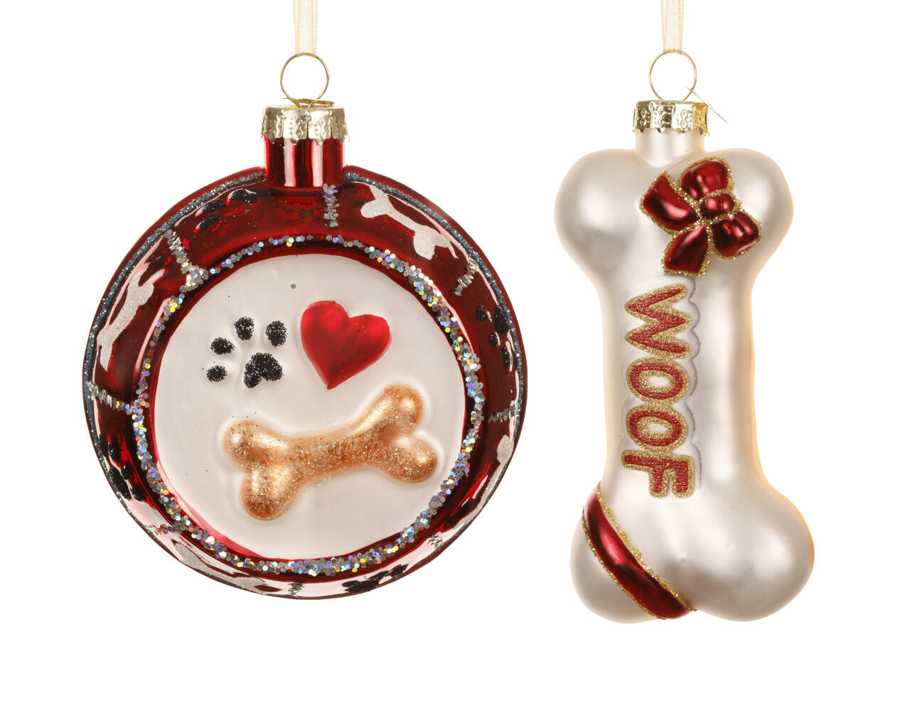 Decoris glass Christmas ornament, dog bone shape, 10 cm, two-variant assortment