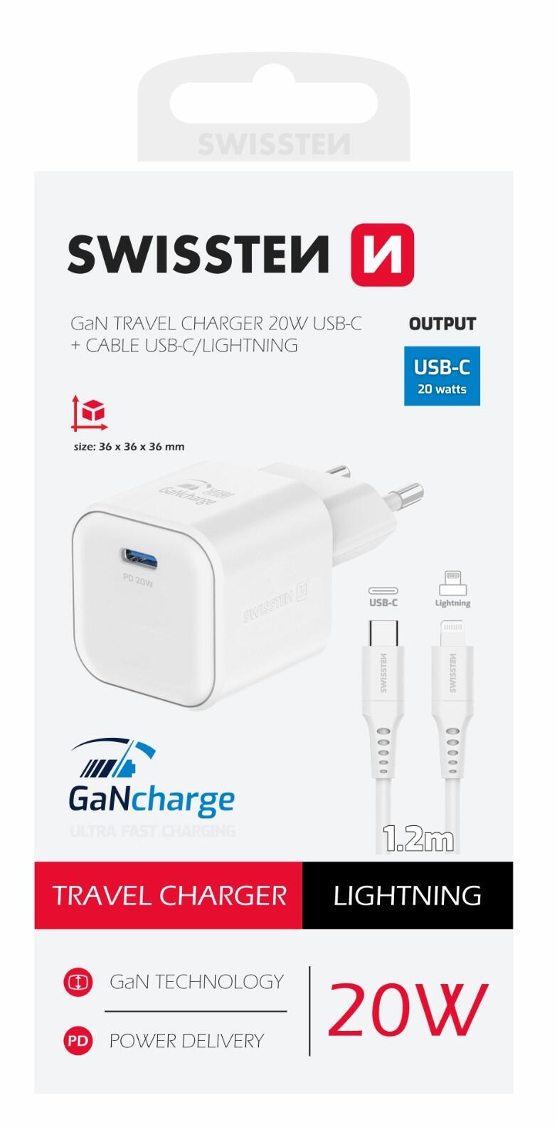 SWISSTEN TRAVEL CHARGER GaN 1x USB-C 20W POWER DELIVERY WHITE + DATA CABLE USB-C/LIGHTNING 1,2M WHITE