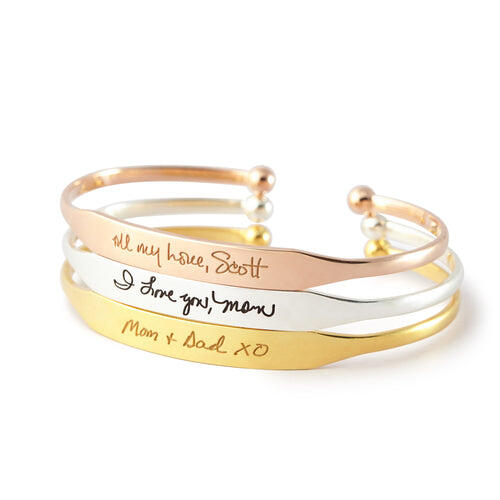 Bracelet manchette personnalisé avec inscription manuscrite – argent, or jaune et or rose
